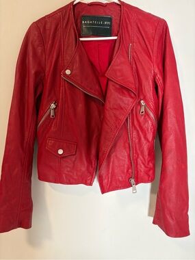 Bagatelle.NYC Perforated Leather Moto Jacket in Poppy Red— Size S